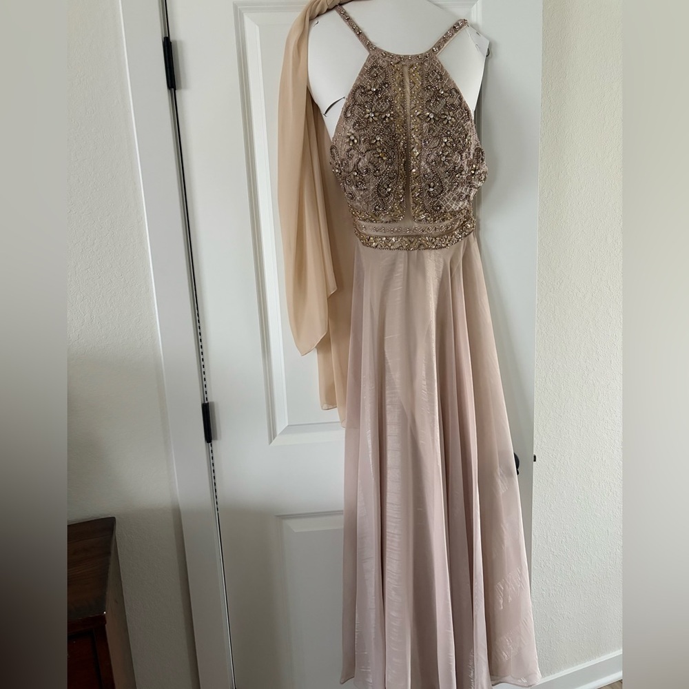 Jovani Beaded Halter Gown in Blush Gold